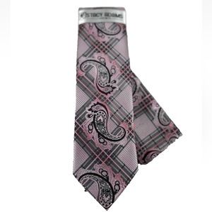 Stacy Adams Men's Tie and Hanky Set Pink Charcoal Gray Silver  Plaids & Checks
